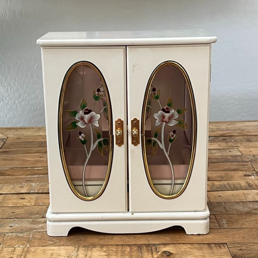 Vintage Wooden Jewelry Box Armoire 12" Tall White w/ Floral Oval Glass Doors